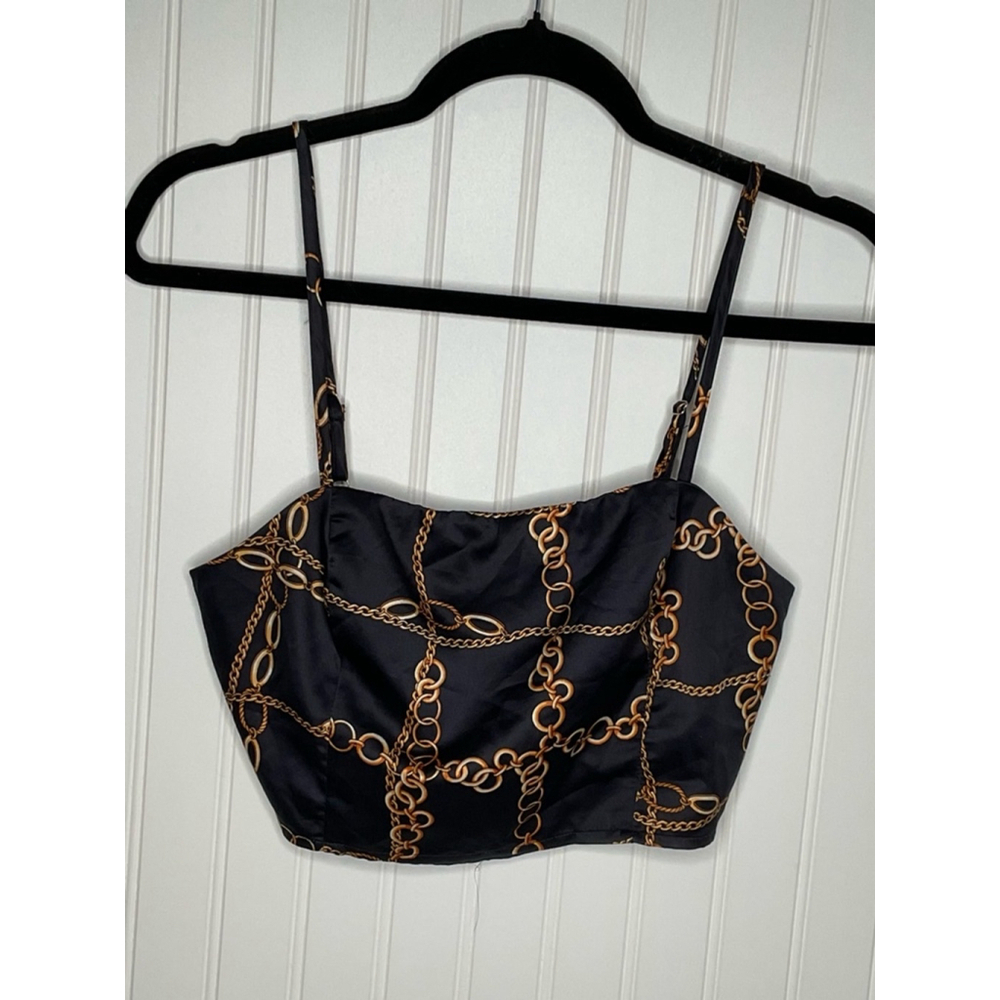 Le Lis Gold Chain Link Print Satin Crop Top Small